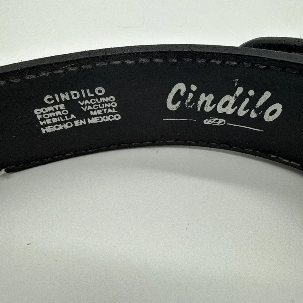 Cindilo Concha Belt Tooled Handcrafted Black Leather Western Tapered Size 36